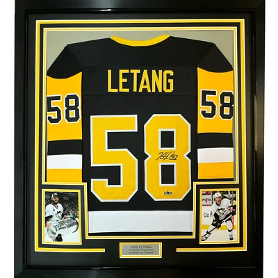 Camiseta deportiva enmarcada facsímil autografiada Kris Letang 35x39 Pittsburgh negra reimpresión Foto 1 de 2