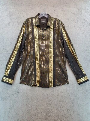 Barabas Men’s Luxury Black & Gold Metallic Sequined L/S Button Up Size Large NWT - Image 1 of 4