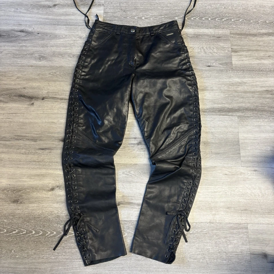 Pantalones de cuero negros Harley-Davidson con cordones laterales completos motociclista grunge talla 10 Foto 1 de 4