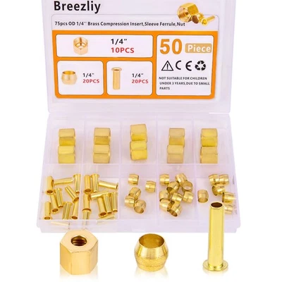 50 PCS 1/4 Inch OD Brass Compression Insert, Sleeve Ferrule, Nut, Fitting - Image 1 of 4