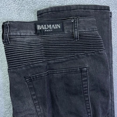 Balmain Men's Moto Biker Jeans Size 38 Black Slim Fit Ribbed Denim Pants Retro - Image 1 of 4