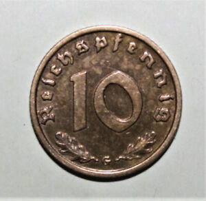 A81 - Germany 10 Pfennig 1938-G Almost Uncirculated Coin - Swastika *** NICE