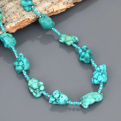 925 Argento Sterling Verde Naturale Turchese Gemma Perline Collana Gioielli - Immagine 1 di 4