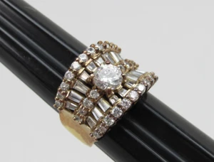 Sterling Silver CZ Baguettes Cocktail Ring 925 Gold Tone Vintage Statement - Picture 1 of 10
