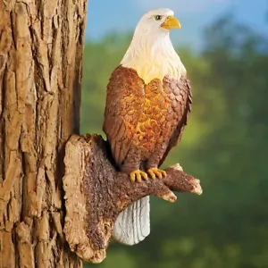 Solar Bald Eagle Tree Hanger Perched on Branch Statue Outdoor Yard Garden Decor - Picture 1 of 4