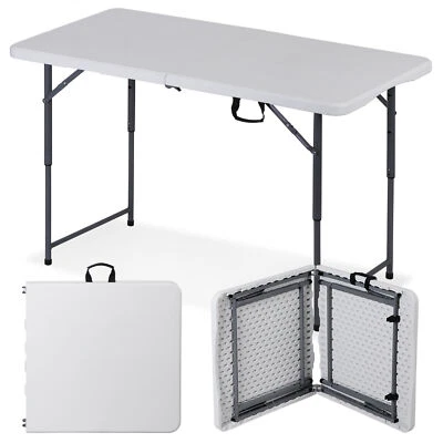 Folding Table 4 FT Portable Fold-in-Half Adjustable Plastic Camping Table White - Image 1 of 4