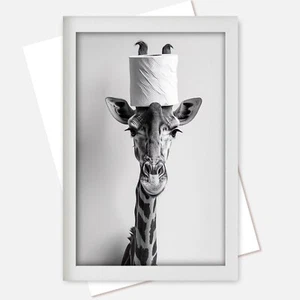 Funny Bathroom Wall Art, Giraffe with a Toilet Paper Roll poster no frame - Picture 1 of 4