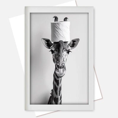 Funny Bathroom Wall Art, Giraffe with a Toilet Paper Roll poster no frame - Image 1 of 4