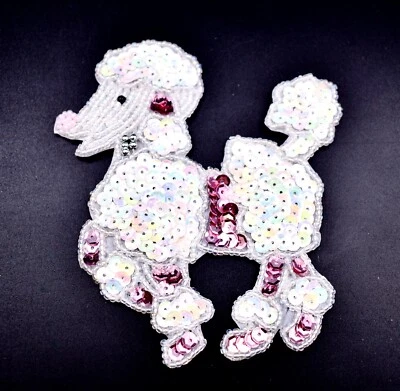 Aplique de caniche francés de lentejuelas, perlas, lentejuelas transparentes/rosadas, cuentas, coser, 4,3"x 3,5" Foto 1 de 2