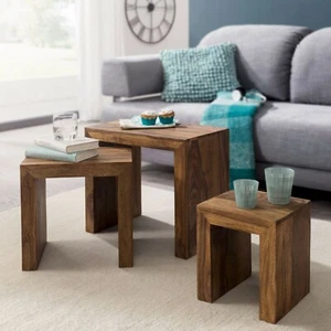 3-teiliger Satztisch Beistelltisch Massivholz Couchtische 3-Satztisch Holztische - Bild 1 von 7