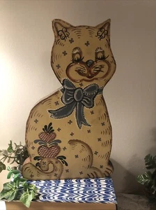 Vintage 1990er handbemalte Holzkatze mit blauer Schleife und Wimpern Künstler detailliert - Bild 1 von 8