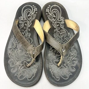 Olukai Womens 8 Paniolo Sandals Shoes Gray Leather Thong Flip Flop Flats Beach - Picture 1 of 9