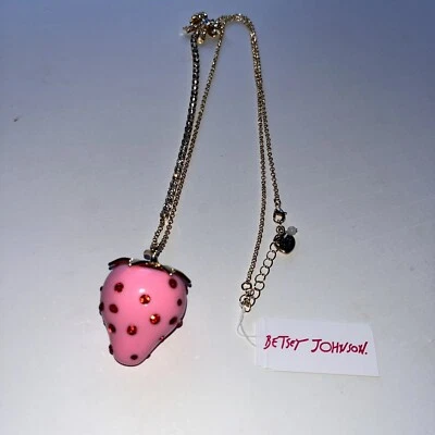New Betsey Johnson Pink Strawberry and Rhinestones Long Chain Necklace - Image 1 of 4