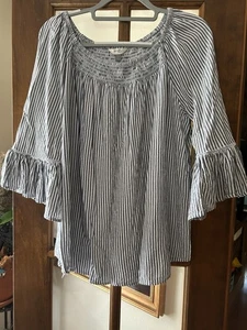 Terra & Sky Top Sz 14W Smocked Collar Flowy Sleeves Blue/White Stripe Nautical - Picture 1 of 7