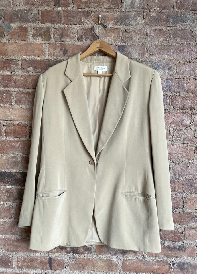 Jaqueta feminina vintage Calvin Klein Collection 100% seda, tamanho 6 areia - Imagem 1 de 4