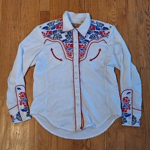 Camisa Scully Western Blanca Roja Azul Bordada Perla Cuello a Presión Para Hombre Mediana - Imagen 1 de 6