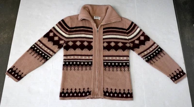 Vintage Sweater Montgomery Ward Size S 80s Tan Burgundy Zip Up Turtleneck Knit - Image 1 of 4