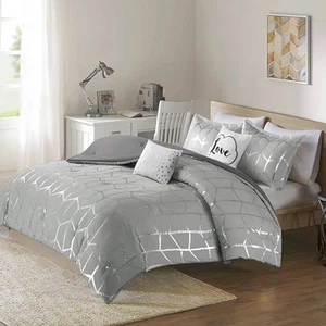 Intelligent Design Raina Comforter Microfiber Metallic Print Geometric Design - Picture 1 of 9