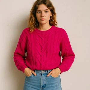 Forenza Cable Knit Long Sleeve Sweater Pink Wool Blend Chunky Women's L Vintage - Picture 1 of 8