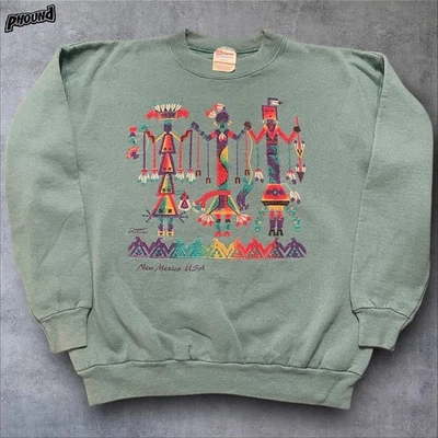 Vintage Hanes Sweatshirt Mens Medium Green Crewneck New Mexico USA Graphic 90s - Image 1 of 4