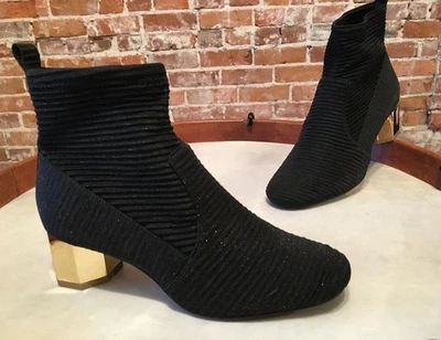 Katy Perry Black Striped Metallic Daina Mod Gold Heel Ankle Boot 5.5 35.5 New - Image 1 of 4