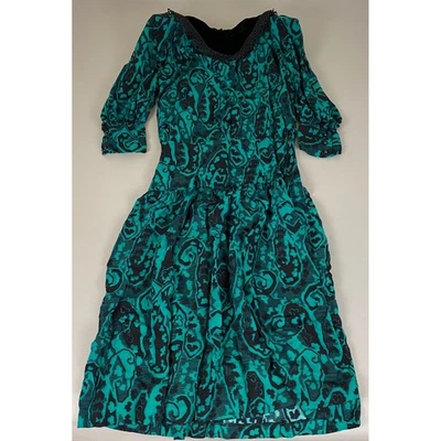 Vintage Patty O Neil Midi Dress Size 12 Teal Black Paisley Velvet Collar - Image 1 of 4