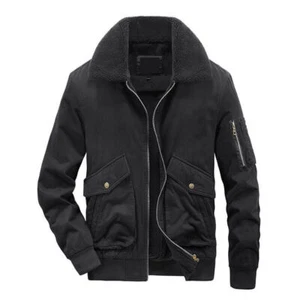 Mens Fleece Lined Cargo Jackets Warm Coat Trucker Faux Sherpa Fur Collar Outwear - Picture 1 of 15
