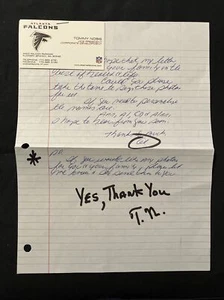 TOMMY NOBIS Atlanta Falcons Business Card & Signed Initialed Handwritten Letter - Picture 1 of 3