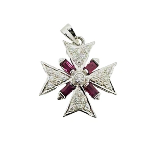 Maltese Cross Diamond & Ruby 18k White Gold Pendant by MK - Picture 1 of 12
