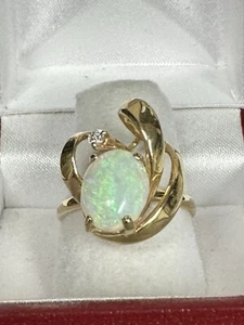 14k Gold Freeform Ring With An Oval Opal And A Small Diamond - Picture 1 of 15