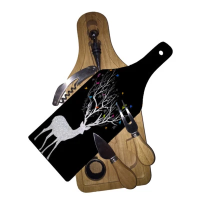 Cutting Board Wine and Glass Cheese Board Gift Set  Deer Antler Birds - Image 1 of 3