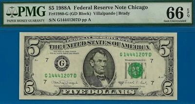 1988A $5 Federal Reserve Note PMG 66EPQ wanted popular Chicago Fr 1980-G - Image 1 of 2