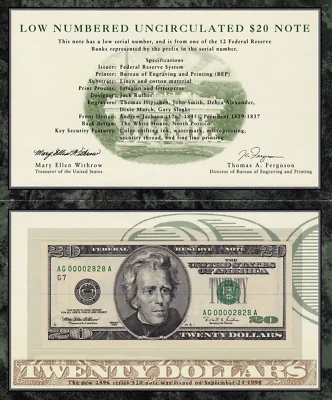 $20 1996 Federal Reserve Note | AG00002828A | Low Numbered | Fr. 2083-G - Image 1 of 4