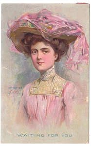 c1908 Artist Signed E.H. Kiefer~Pretty Lady in Pink Hat & Dress~Vintage Postcard - Picture 1 of 2