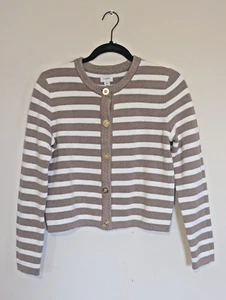 J Crew gestreifte Damen Jacke Cardigan XS Baumwolle hellbraun weiß Karriere adrett neutral - Bild 1 von 9