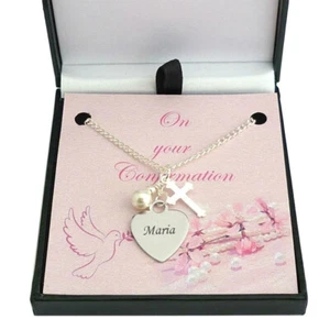 Halskette Mit Gravur, Kreuz Und Perle. Personalisiert Konfirmation Tag Geschenk - Bild 1 von 12
