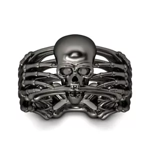 1.0 CT Lab Created Diamond Engagement Gift Black Skeleton 925 Silver Skull Ring - Picture 1 of 13