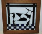 Vintage Cow & Bull Stained Glass Mosaic Suncatcher. Heavy Lead Glass Wood Frame