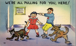 um 1946 Wir ziehen alle für dich, hier! Eine Leinen Humor Cartoon Vintage Postkarte936 - Bild 1 von 2