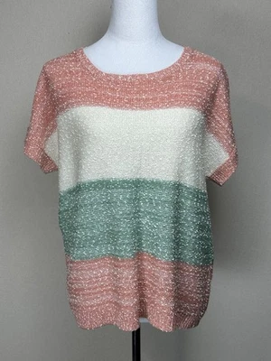 Suéter de malha Entro feminino multicolorido colorblock manga curta tamanho M casual preppy - Imagem 1 de 4