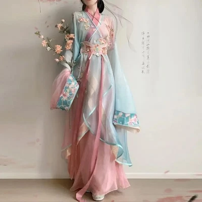 Hanfu Dress Suit Improved Embroidered Print Daily Performance Girl Pink Han Set - Image 1 of 4