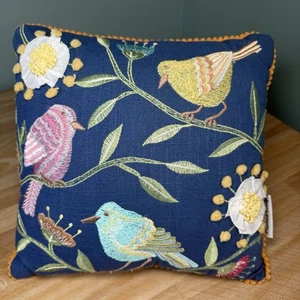 PRIMROSE VINTAGE Embroidered Birds Crewel 3D Floral Garden Accent Pillow BOHO - Picture 1 of 9