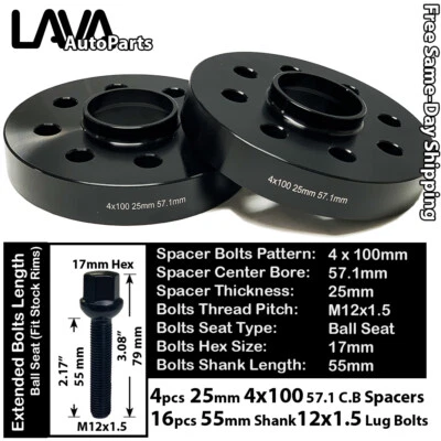 4PC 25MM THICK 4X100 57.1MM C.B WHEEL SPACER+12X1.5 BOLT FIT VOLKSWAGEN AND MORE - Image 1 of 2