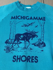 Vtg Teal Michigamme Shores M Sweatshirt MI Moose - Picture 1 of 5