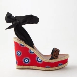 Christian Louboutin Greekaba Athina Des Cyclades 120 Silk Wedge Sandals 40 - Picture 1 of 10
