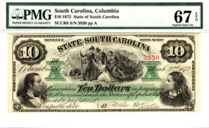 1872 $10 The State of South Carolina, PMG 67 SUPERB GEM UNC EPQ- WOW STUNNING! - Picture 1 of 13