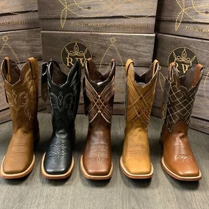 MEN'S RODEO COWBOY BOOTS GENUINE LEATHER BROWN SQUARE TOE BOTA RANCH SADDLE - Picture 1 of 23