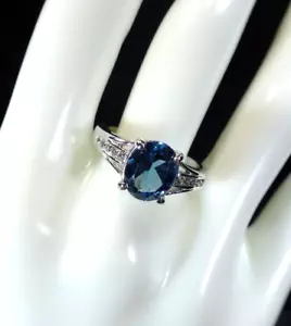2.33ct Natural Oval London Blue Topaz & White Topaz Solid Sterling Silver Ring - Picture 1 of 14