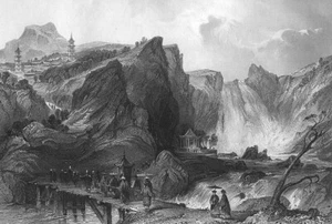 China, DINGHU MOUNTAIN FLYING WATERPOOL WATERFALLS ~ 1842 Art Print Engraving - Picture 1 of 1