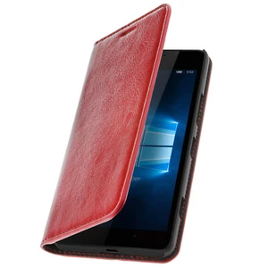 Folio Real Leather Nokia/Microsoft Lumia 950 Case Card-holder Video Stand Red - Picture 1 of 6